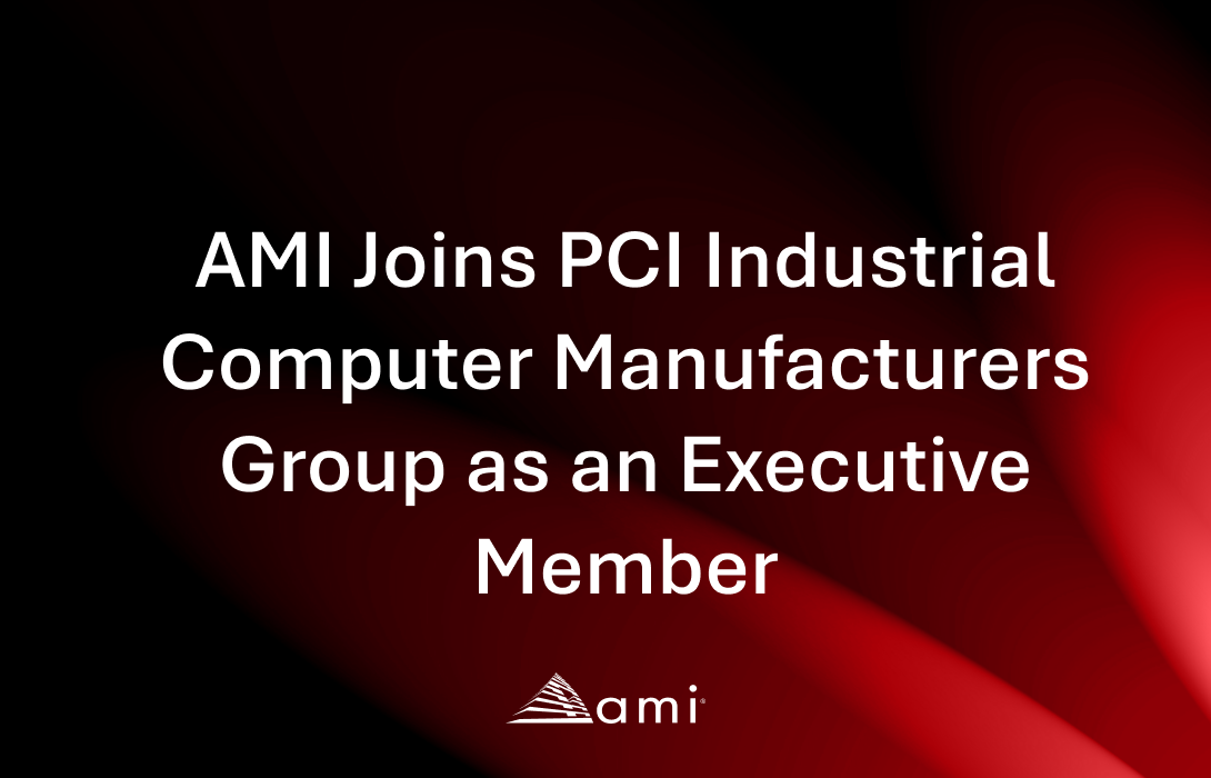 PCI Text announcement about AMI joining the PCI Industrial Computer Manufacturers Group as an executive member, set against a gradient background.