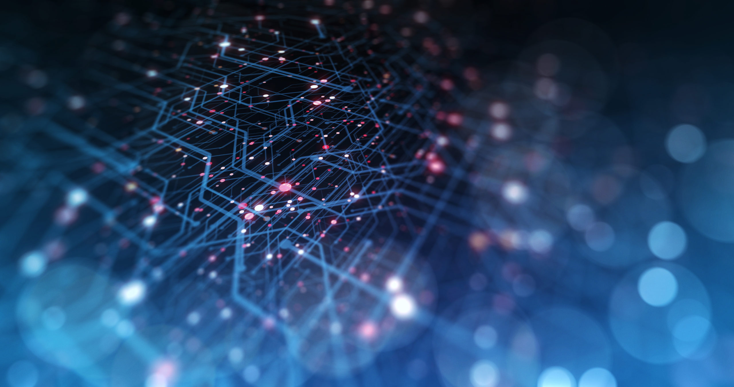Abstract digital network with blue lines and glowing nodes on a dark background, creating a futuristic technology feel.