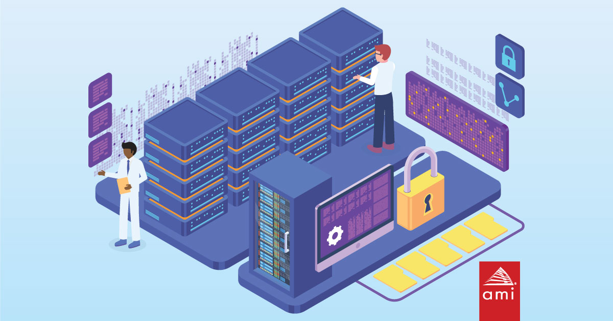 An illustration of a data center with servers, a computer, and a lock symbol, featuring two individuals working on data management.