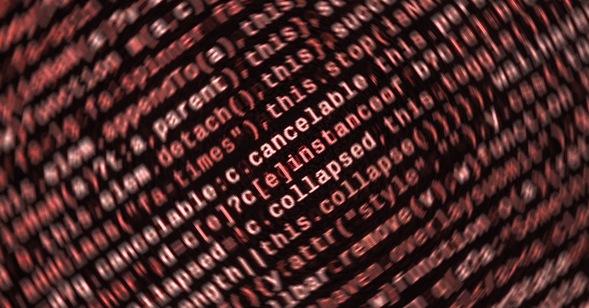 A blurred image of computer code with red and black colors, featuring various programming syntax and keywords.