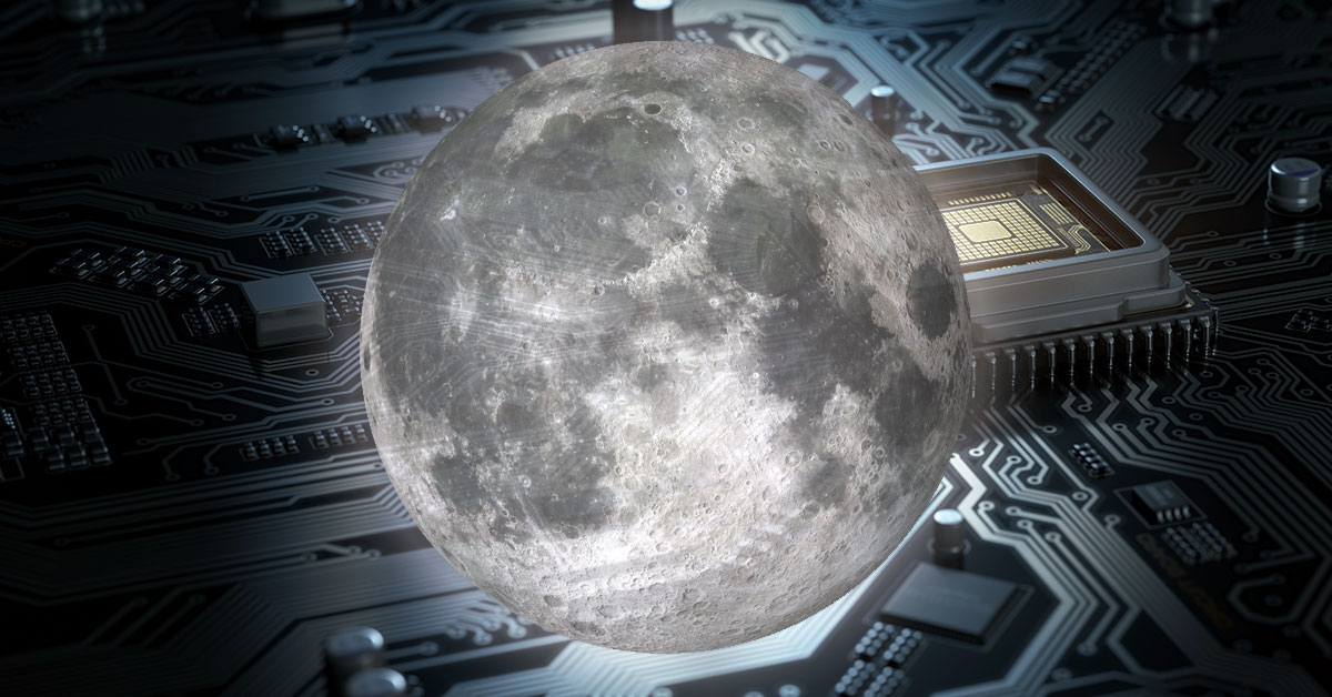 A large, realistic moon is positioned above a dark circuit board with electronic components.