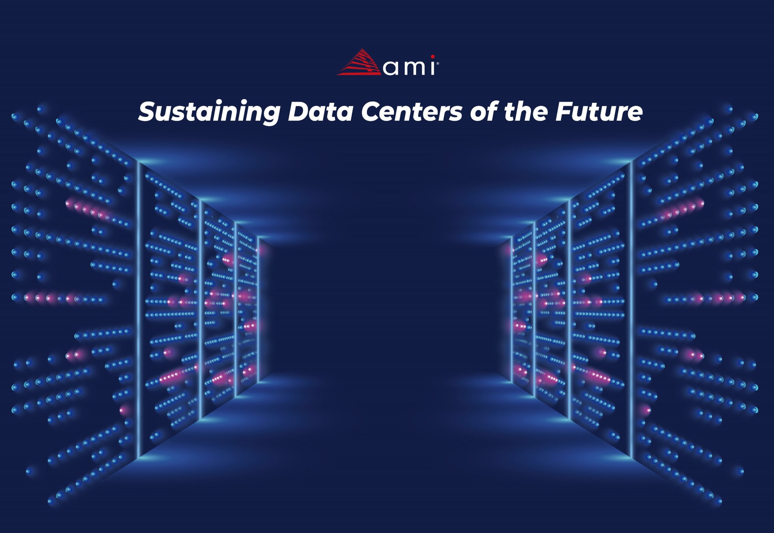 A digital illustration of futuristic data centers with glowing blue and pink lights, featuring the text "Sustaining Data Centers of the Future."