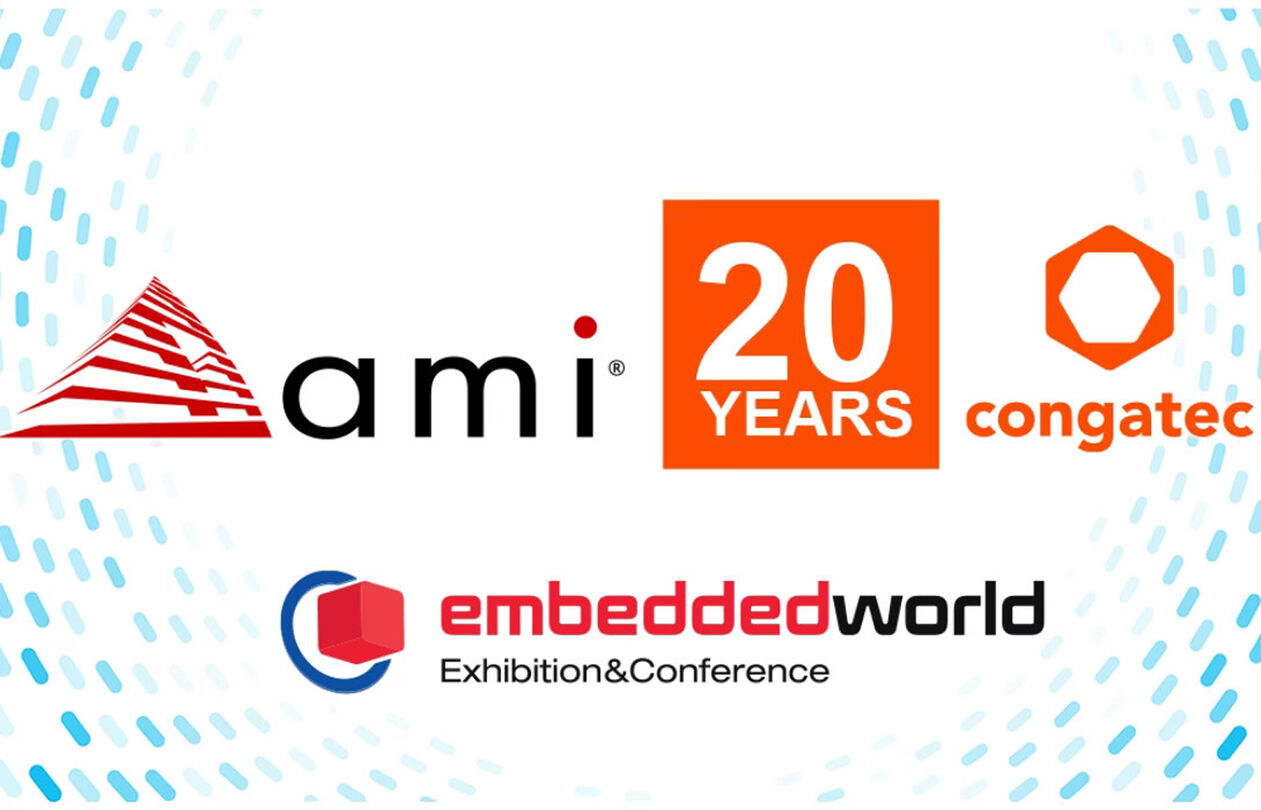 Logos of AMI, Congatec, and Embedded World, celebrating 20 years of AMI, set against a light blue background.
