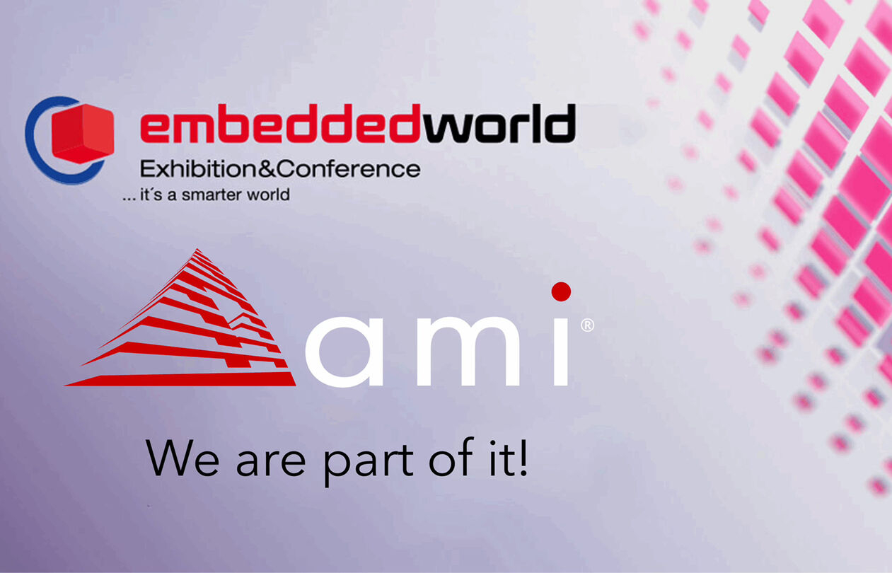 Logo for "embedded world" exhibition and conference, featuring the text "ami" and the phrase "We are part of it!" on a gradient background.