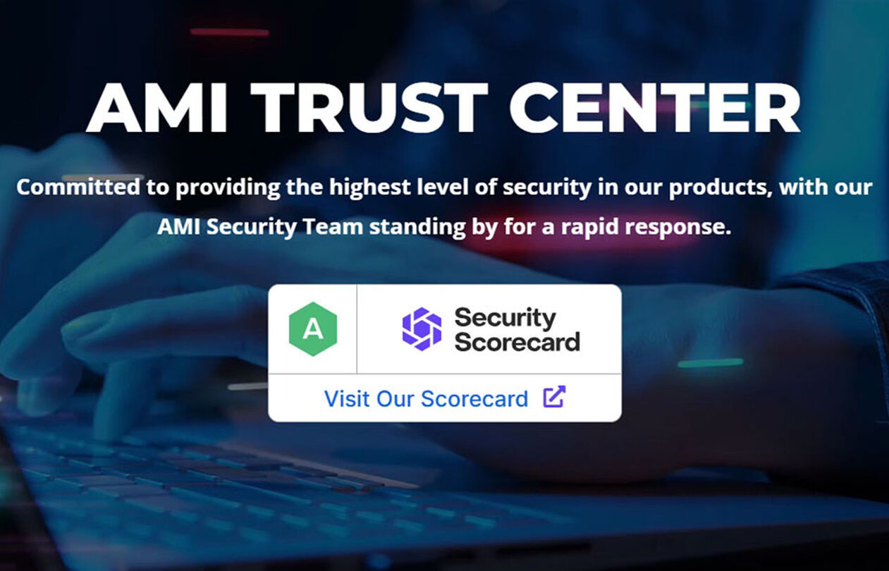 trust_center_optimized_300 Image promoting the AMI Trust Center, highlighting security commitment with a hand on a keyboard and a scorecard link.