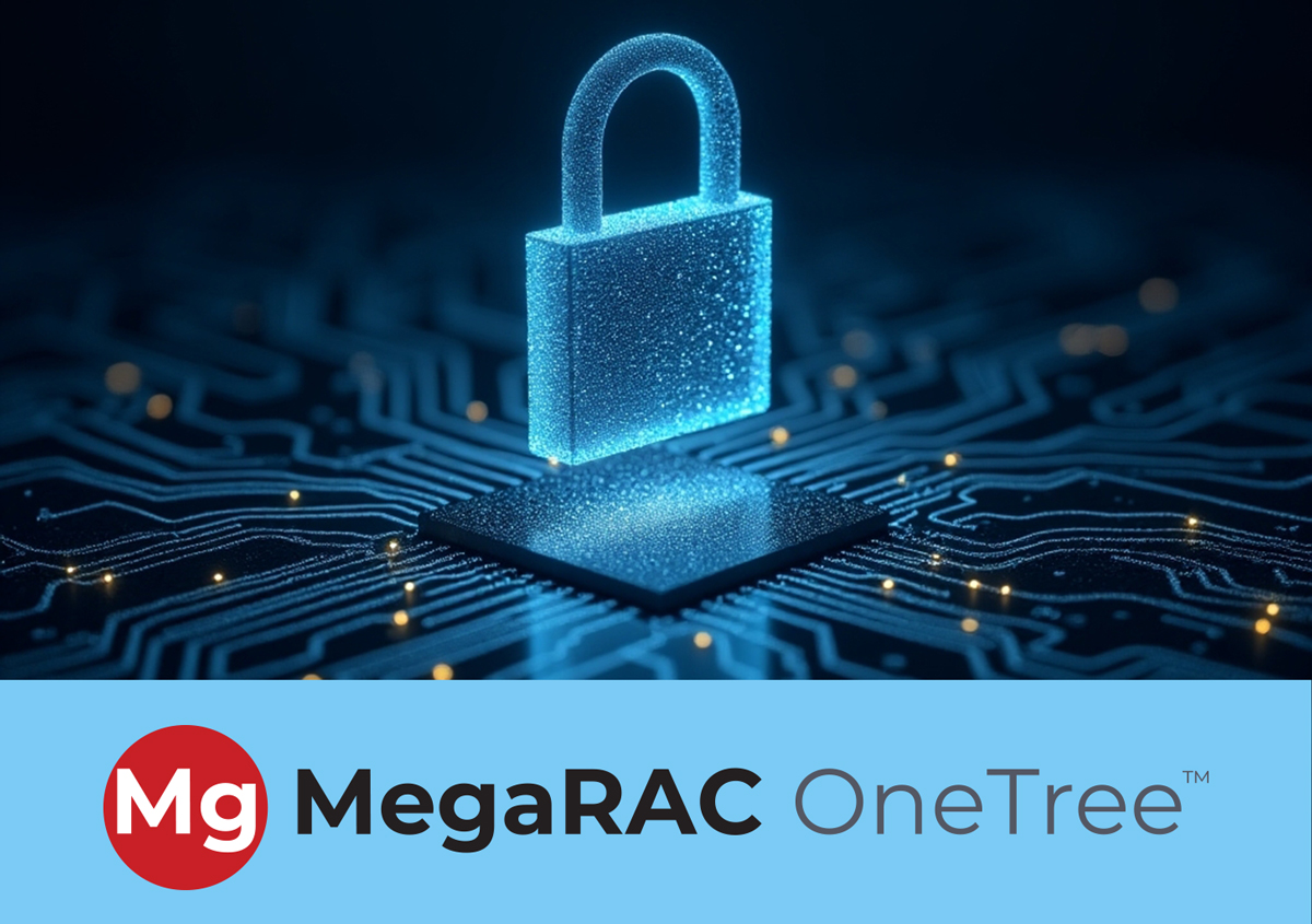 A glowing digital padlock is centered over a circuit board design, with "MegaRAC OneTree" logo below.