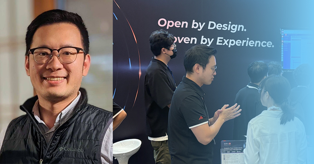 A split image featuring a smiling man in a vest on the left and a group discussing at a tech event on the right, with a slogan in the background.