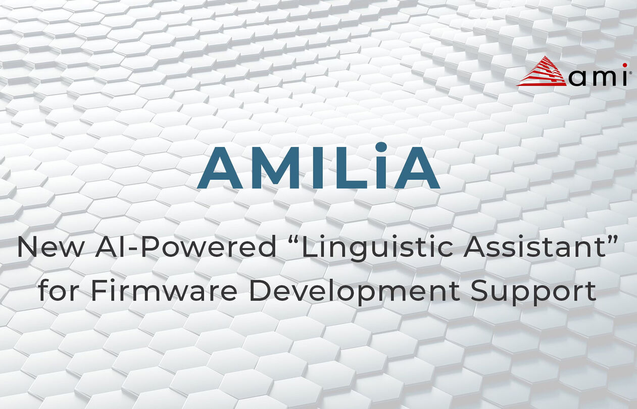amilia_optimized_300 Text on a hexagonal patterned background: "AMILiA - New AI-Powered 'Linguistic Assistant' for Firmware Development Support."