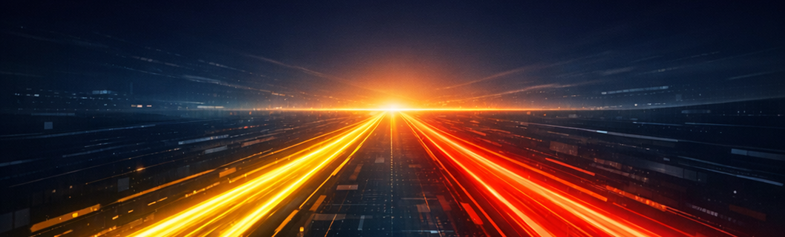 A dynamic scene of light trails in yellow and red, converging towards a bright horizon against a dark background.