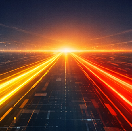 A futuristic scene with bright yellow and red light trails converging towards a glowing horizon, set against a dark background.